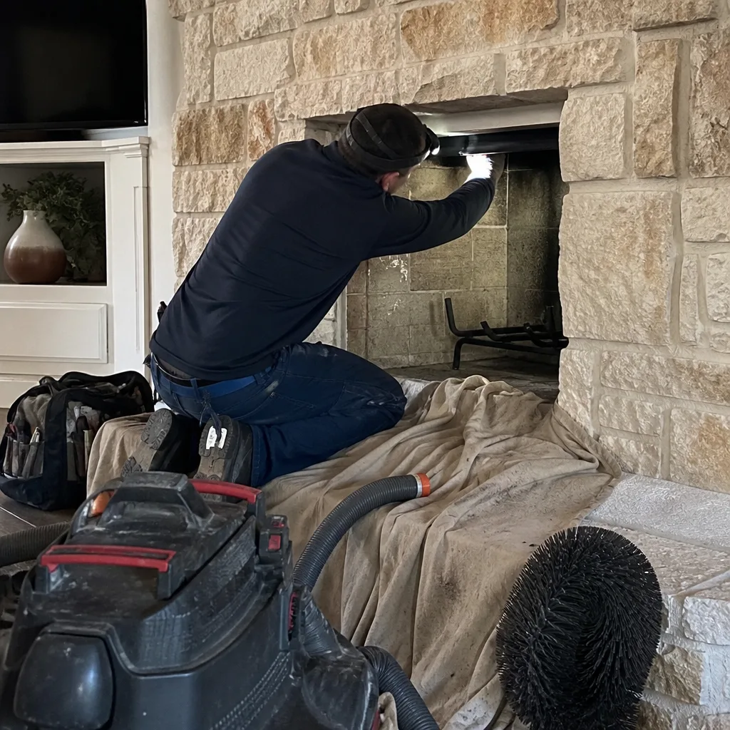Professional chimney sweep performing a detailed fireplace and chimney inspection.