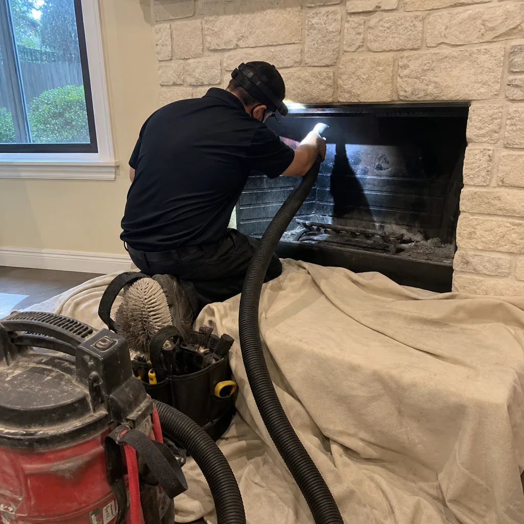 Professional chimney sweep cleaning a stone fireplace with a heavy-duty vacuum