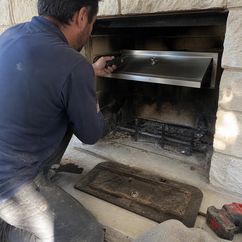 Professional technician installing a new stainless steel fireplace damper