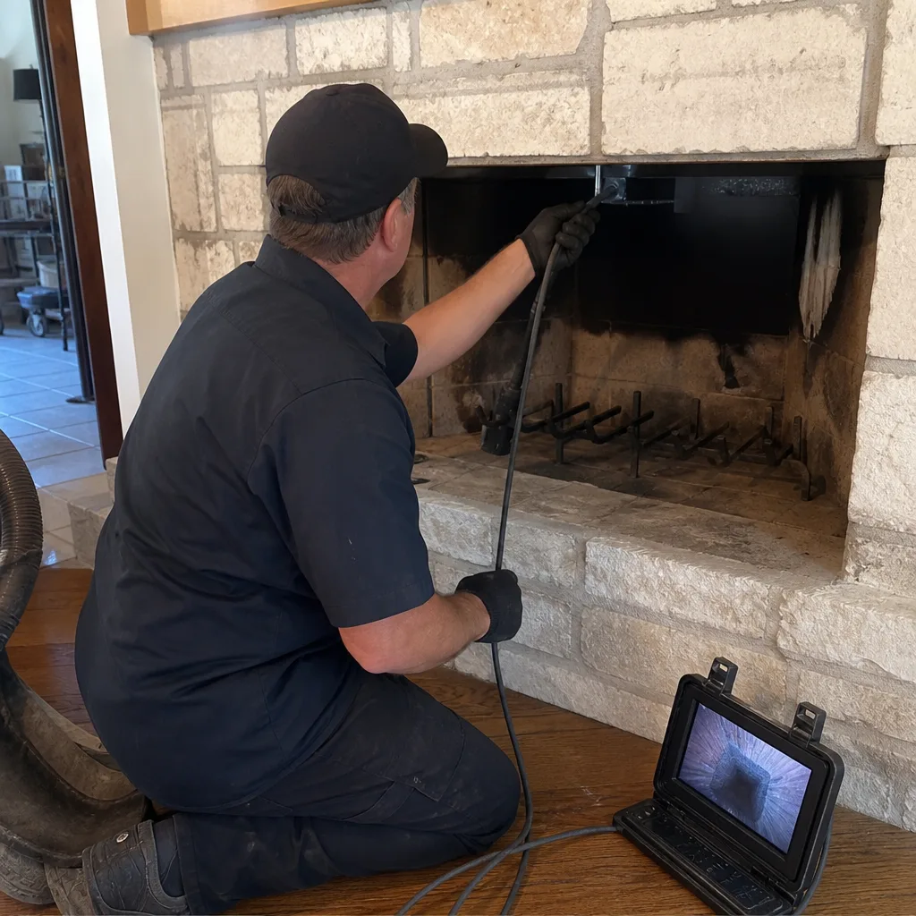 Technician using a chimney inspection camera for fireplace maintenance.