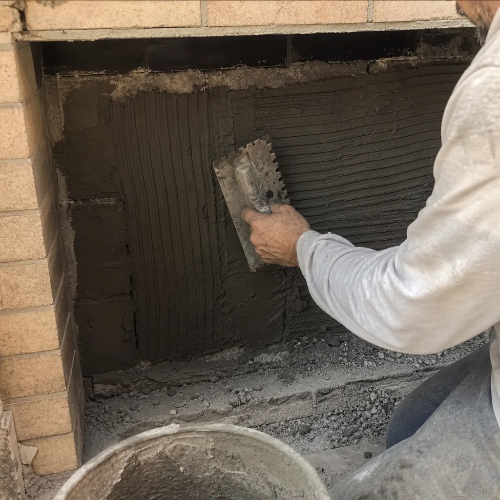 Professional construction worker applying mortar to fireplace wall for repair